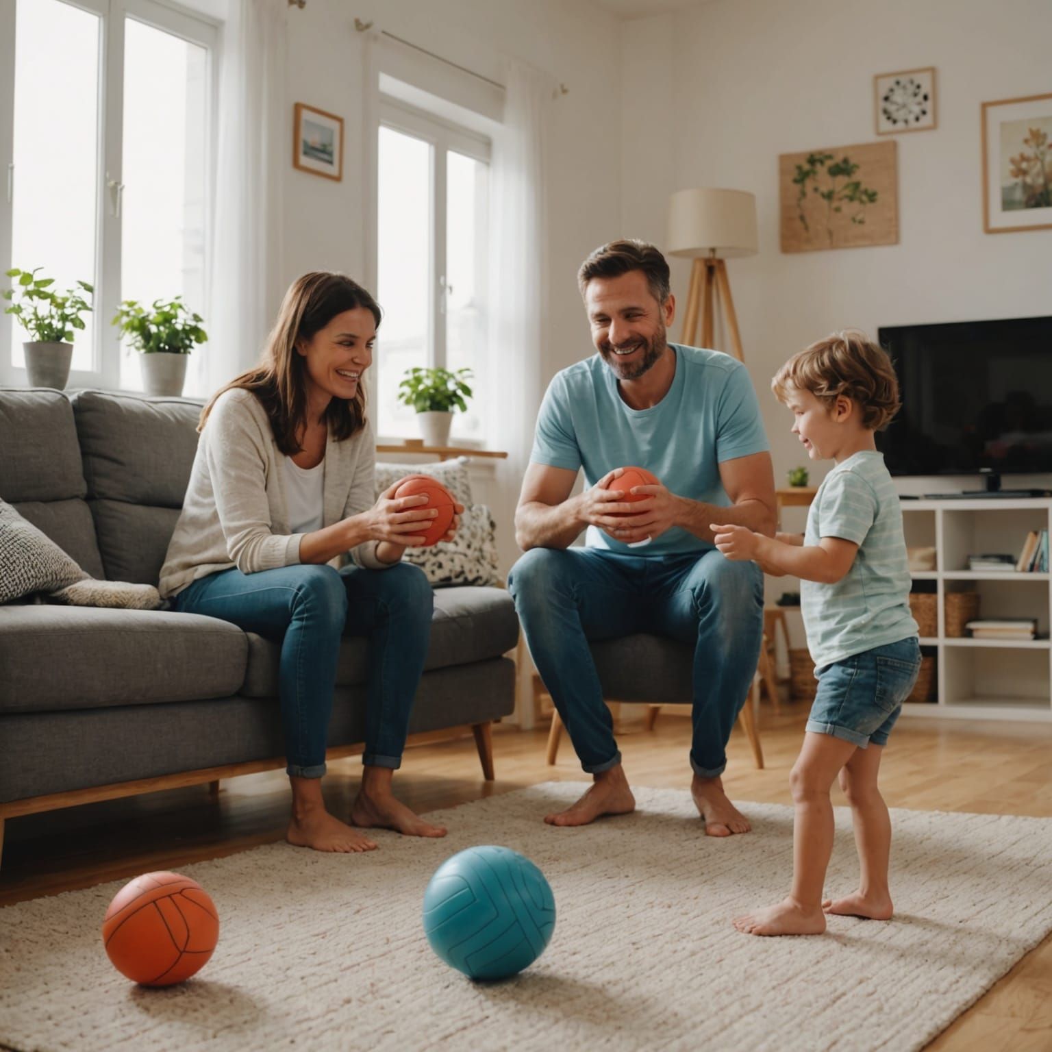 Animated Family Playing Ball in Living Room