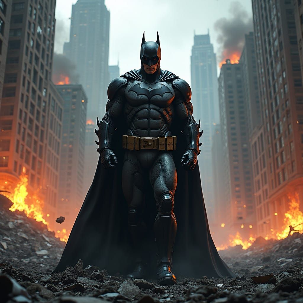 Gritty Hyperreal Batman Defends a Smoldering Metropolis
