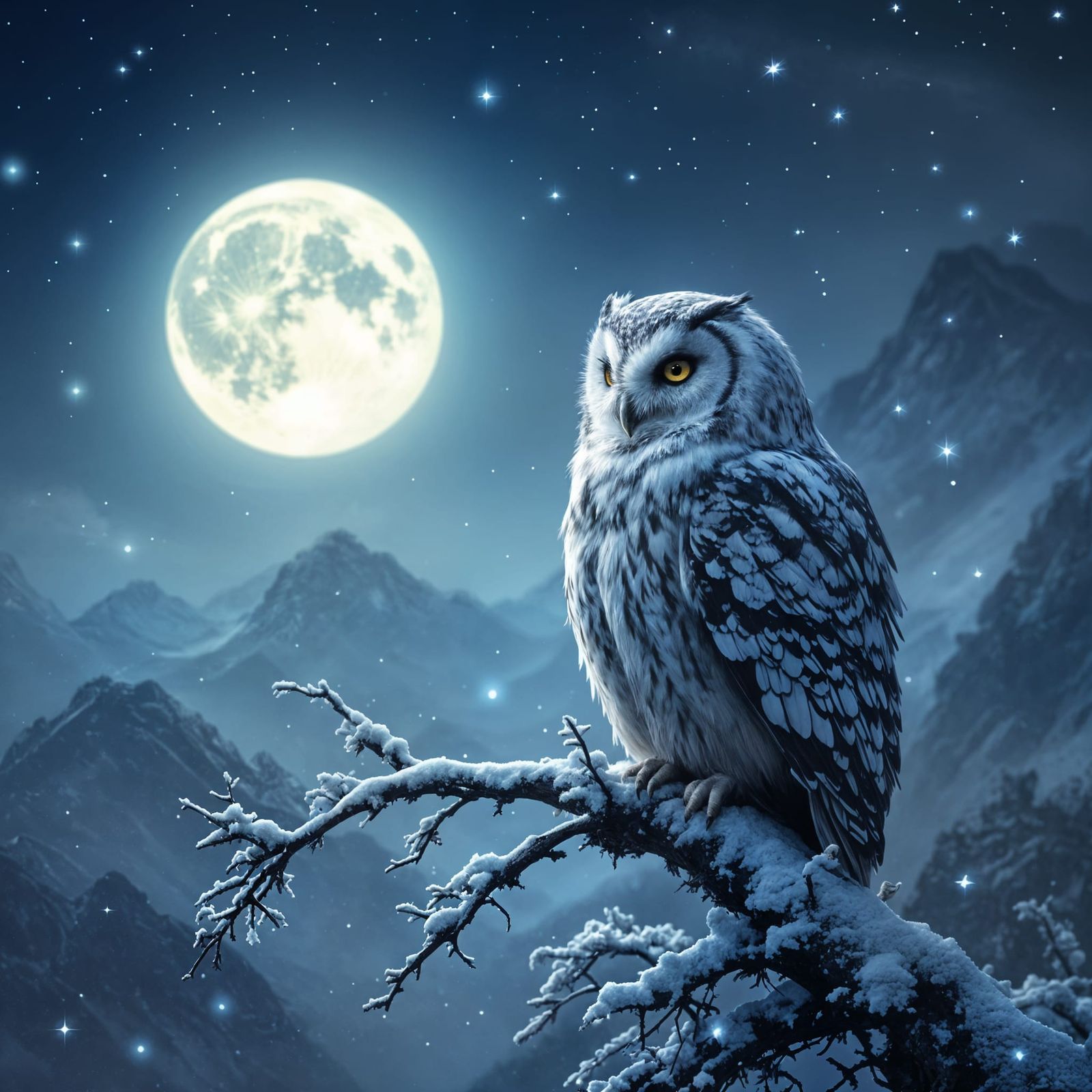 Moonlit Owl in Winter Landscape