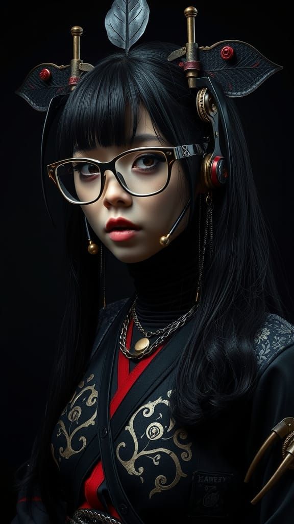 Cyberpunk Geisha Goddess in Dark, Abstract Hellscape