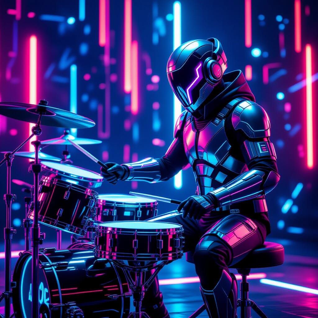 Futuristic Cyberpunk Drummer in Neon Lights