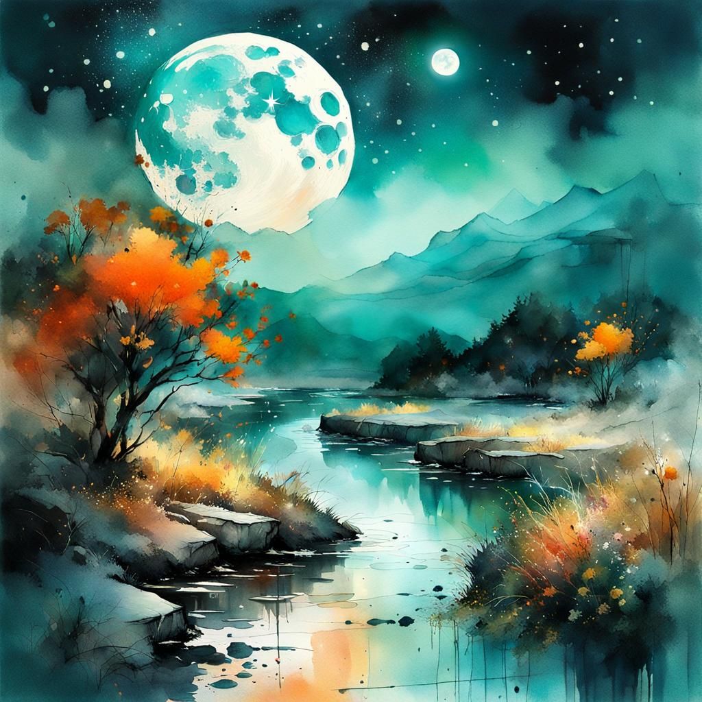 Lush Summerscape under a Moonlit Sky