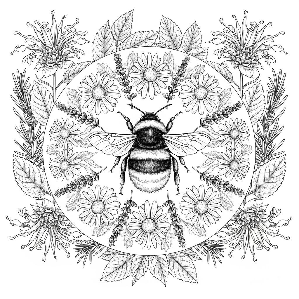 Bumblebee Mandala with Lavender in Fine Line Art