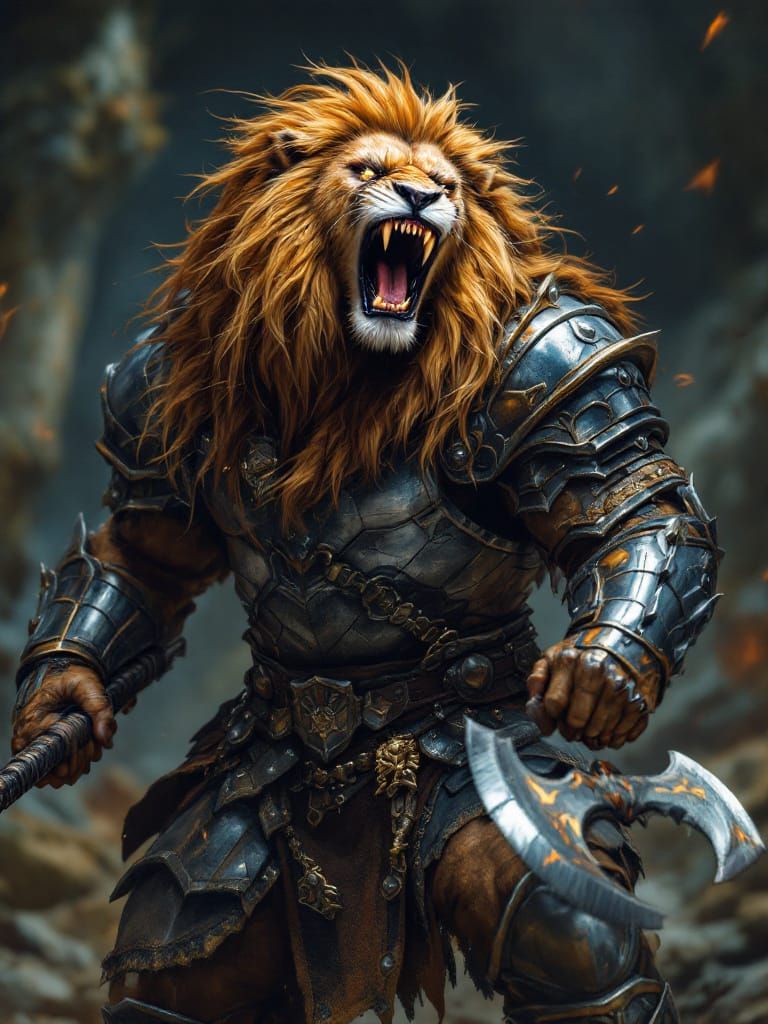 A portrait of an anthropomorphic bipedal lion male with an extreme muscular physique clad in iron armor and wielding a l...