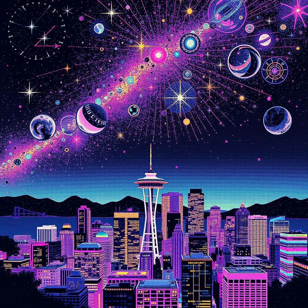 Abstract Glitch Art Constellation Over Cityscape