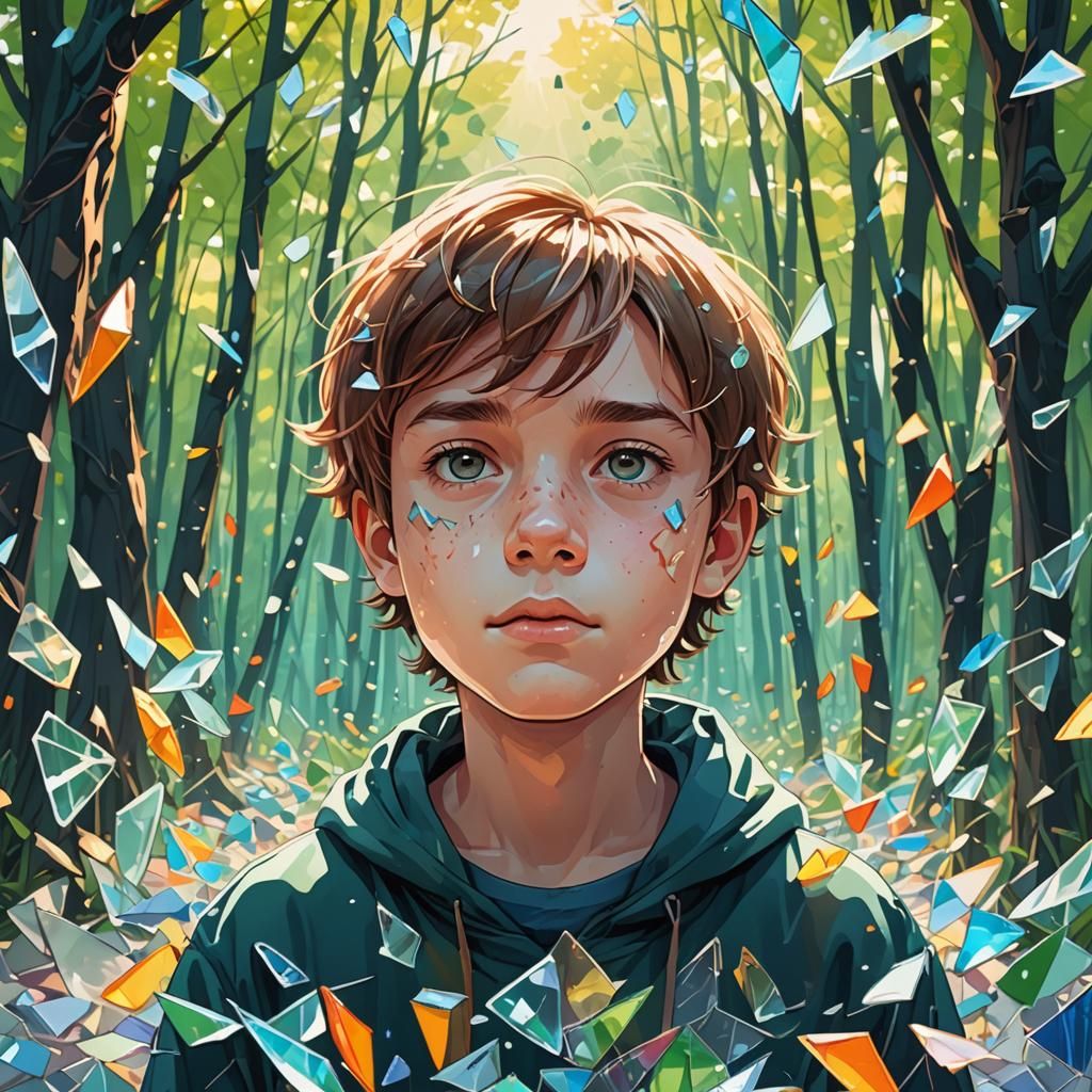 Boy Surrounded by Floating Glass Shards