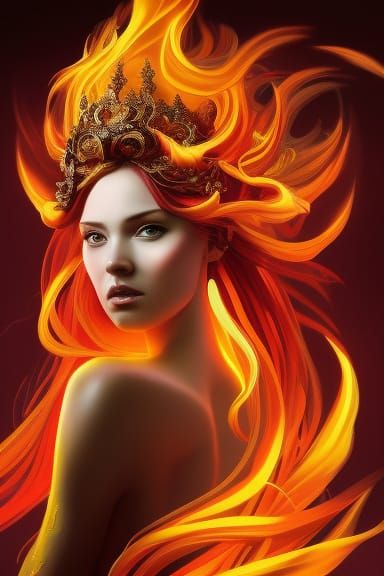 Fire Goddess with Flaming Hair in Rococo Style
