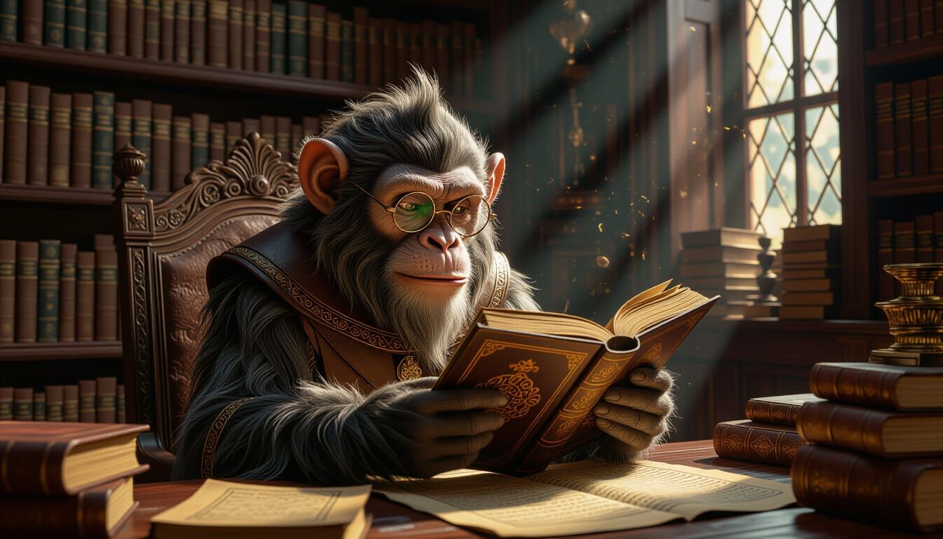 Wise Monkey Reads Ancient Tome in Baroque Study