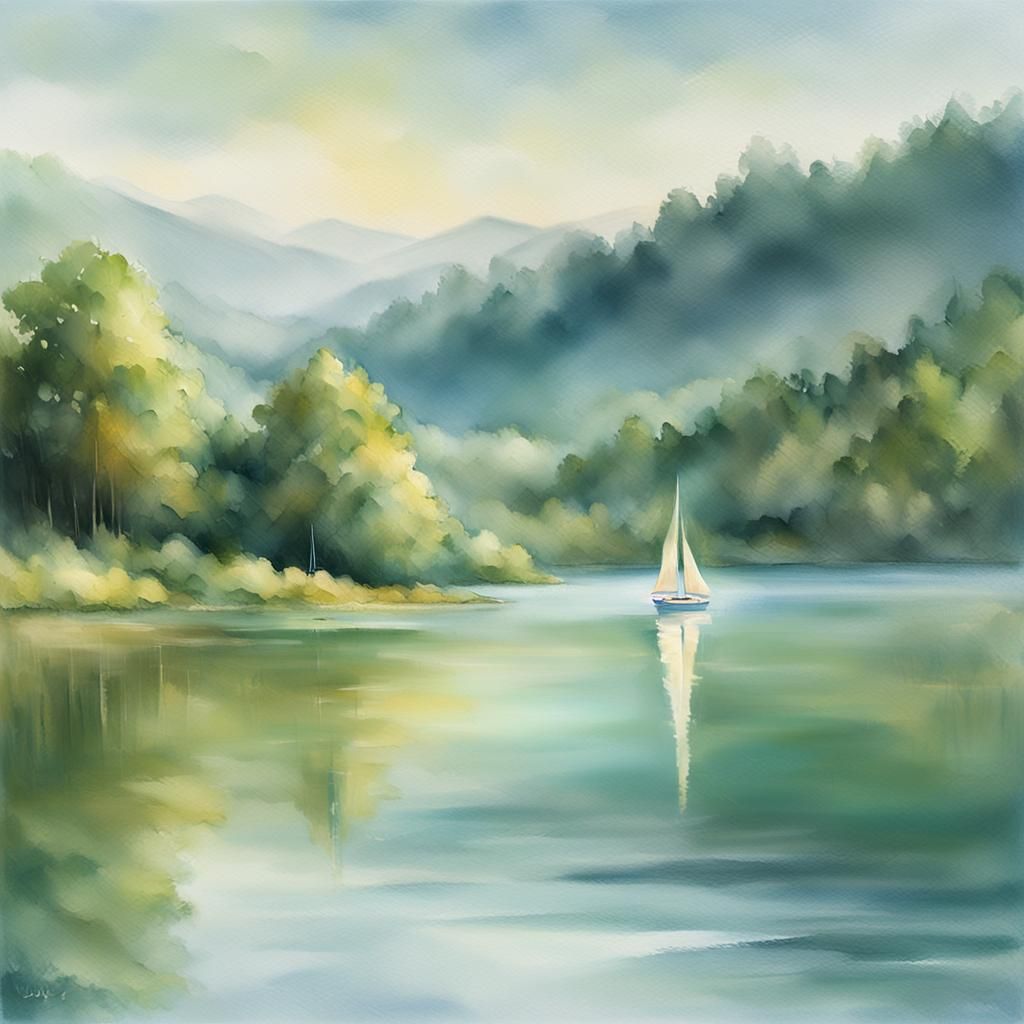 Impressionist Sailboat on Lake at Sunset
