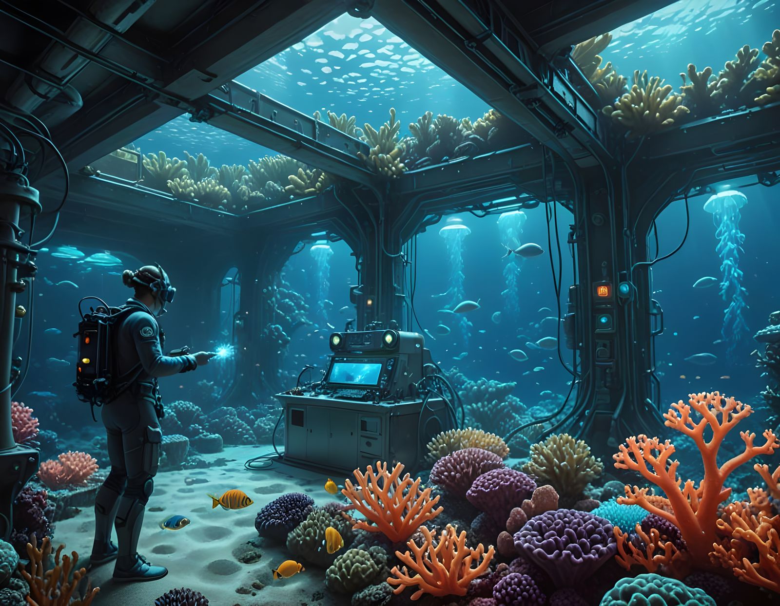 Bioluminescent Coral Reefs in Underwater Lab: Digital Painti...