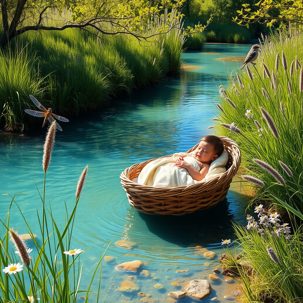 Baby Moses in Stream: A Peaceful Biblical Scene