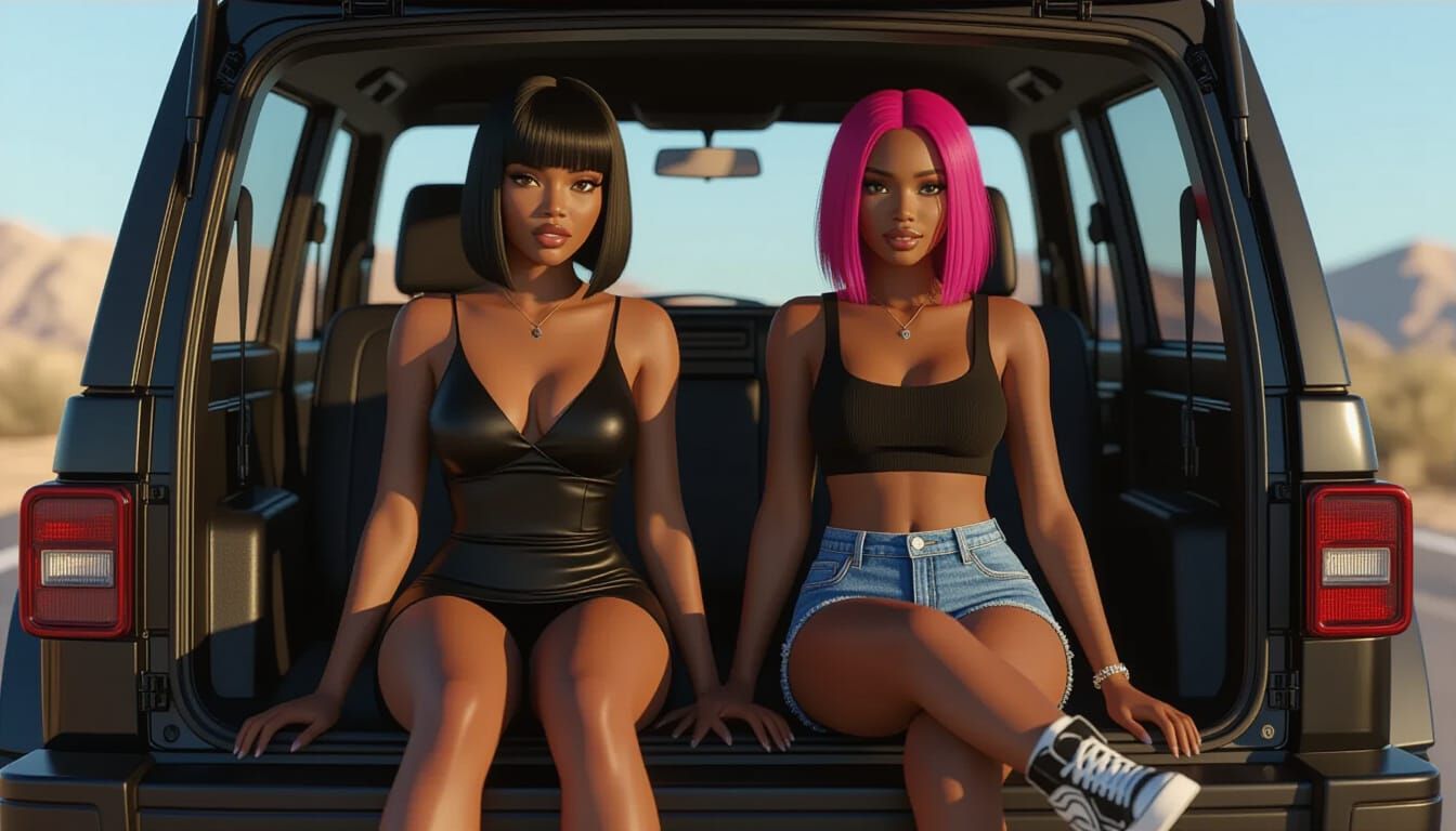 Fearful Woman in SUV with Smiling Companion, 3D Rendered