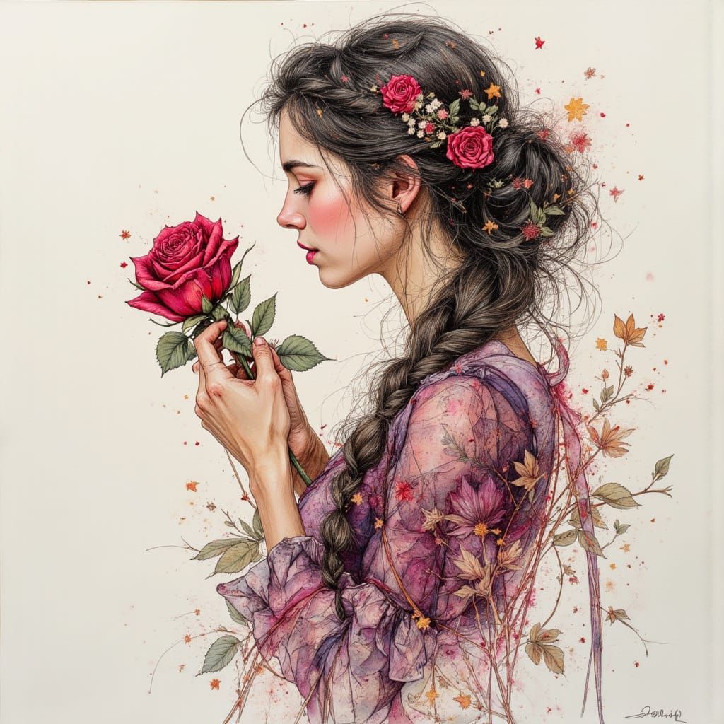 Intricate Belle with Rose in Detailed Pen and Ink Style