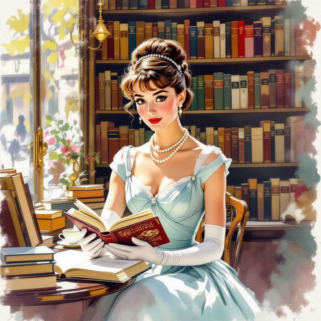 Audrey Hepburn in Parisian Bookstore, Art Nouveau Style