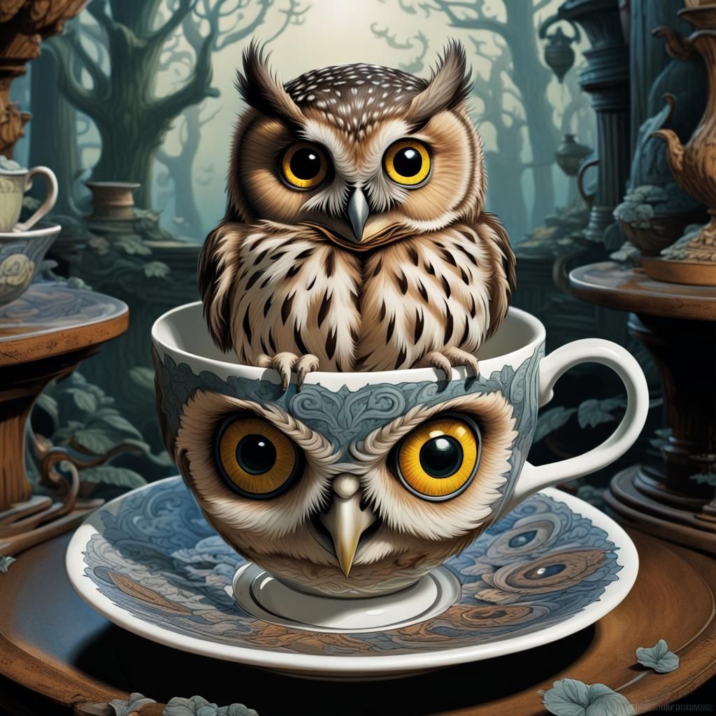 Adorable Owl Enjoying Tea: Aetherpunk Poster Art