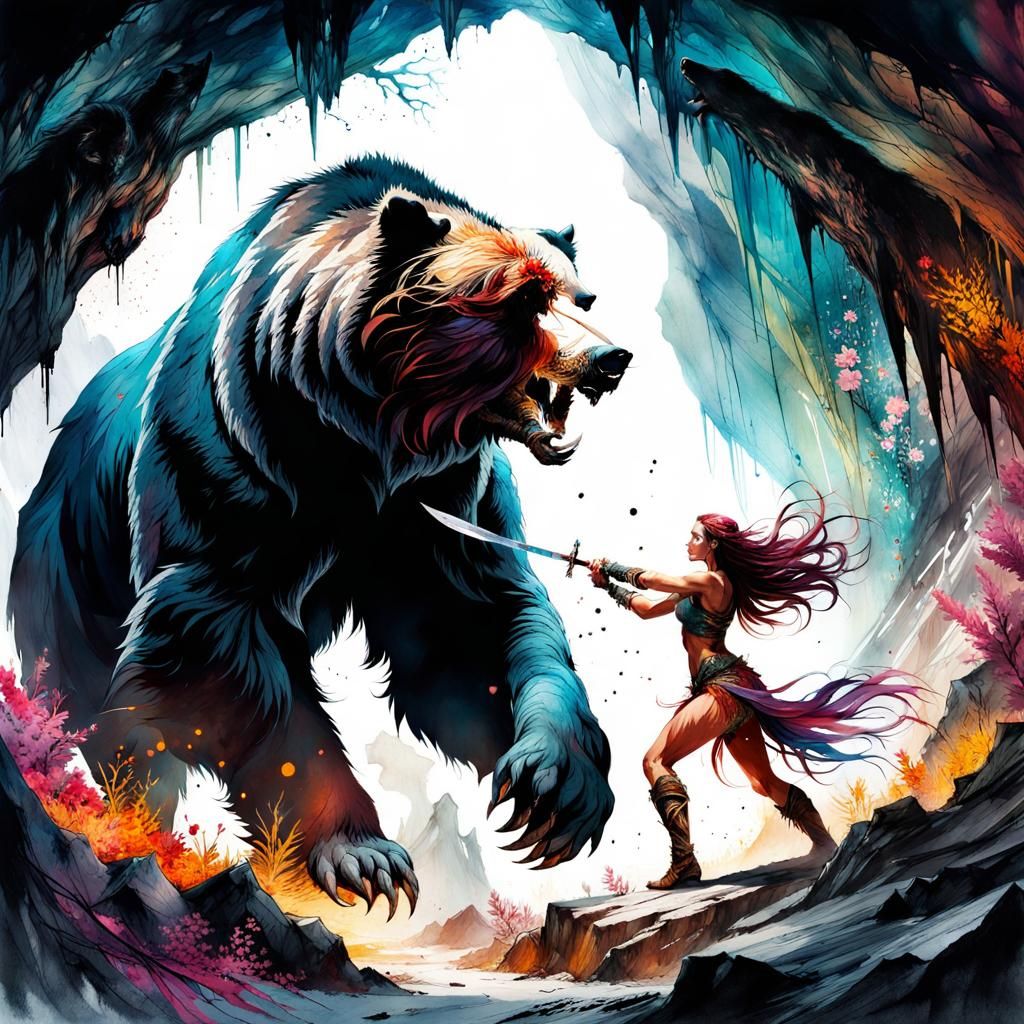 Fantasy Barbarian Battles Grizzly in Cave: Watercolor Art