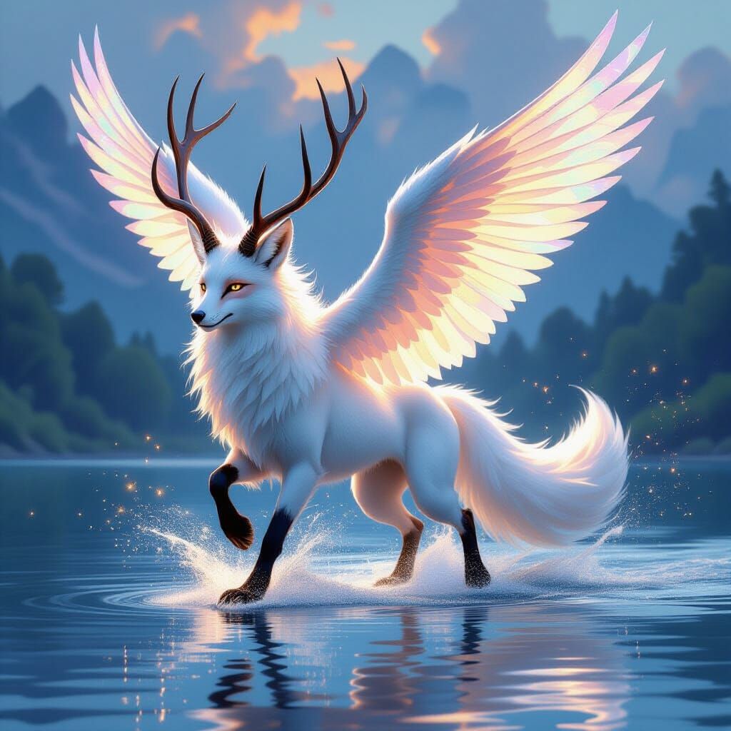 Winged Fox Soars Over Lake with Opal Wings