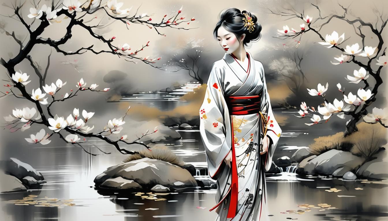 Magnificent Woman in Kimono: Fine Line Pencil Sketch