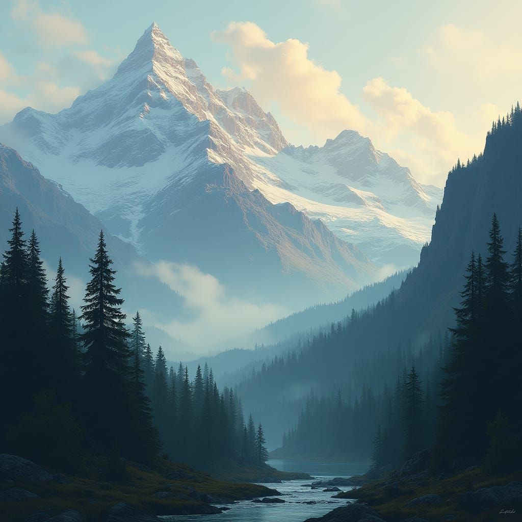 Misty Peaks of Evershade in Dreamy Realism