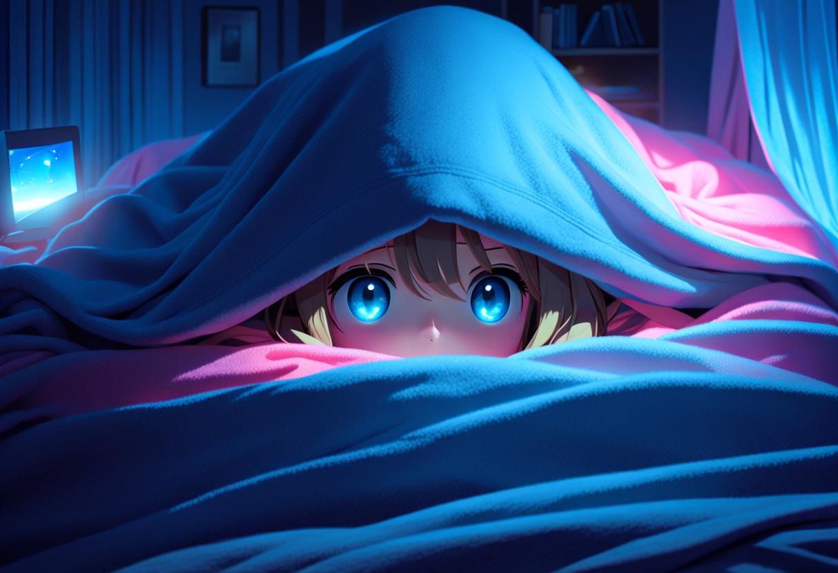 Shy Girl Under Blanket in Eerie Blue Light