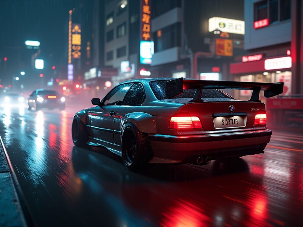 Cyberpunk BMW E36 Speeds Down Neon City Street at Night