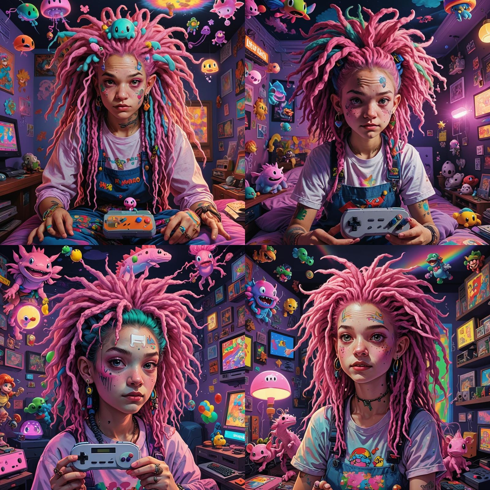 Surreal Axolotl Woman Plays Super Mario in 90s Bedroom