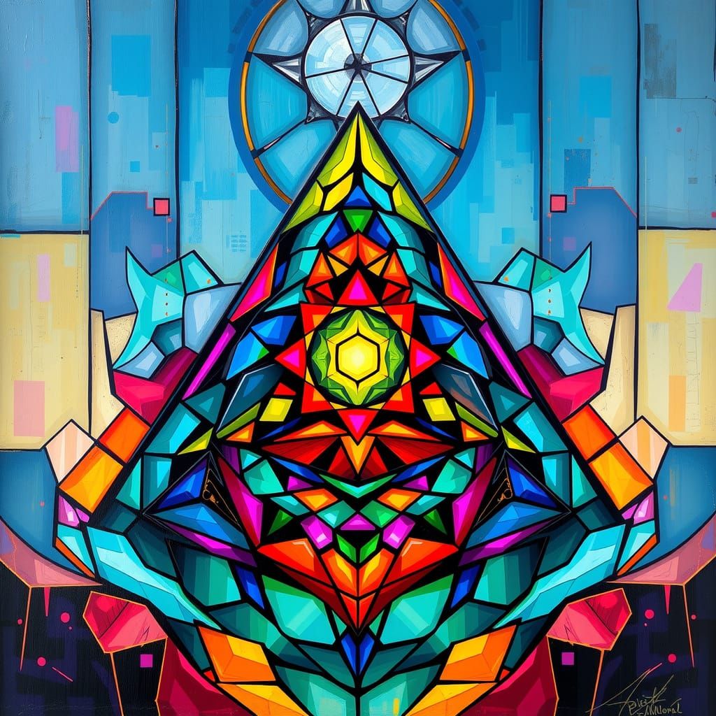 Vibrant Stained Glass Composition with Ancient Geometric Sha...