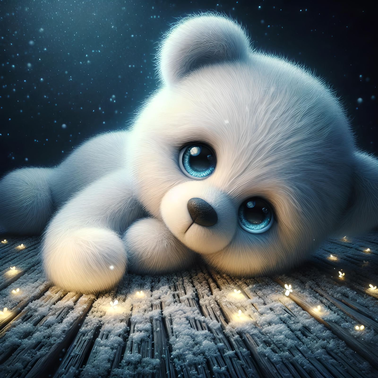 Hyper-Realistic Teddy Bear with Fireflies in Snow