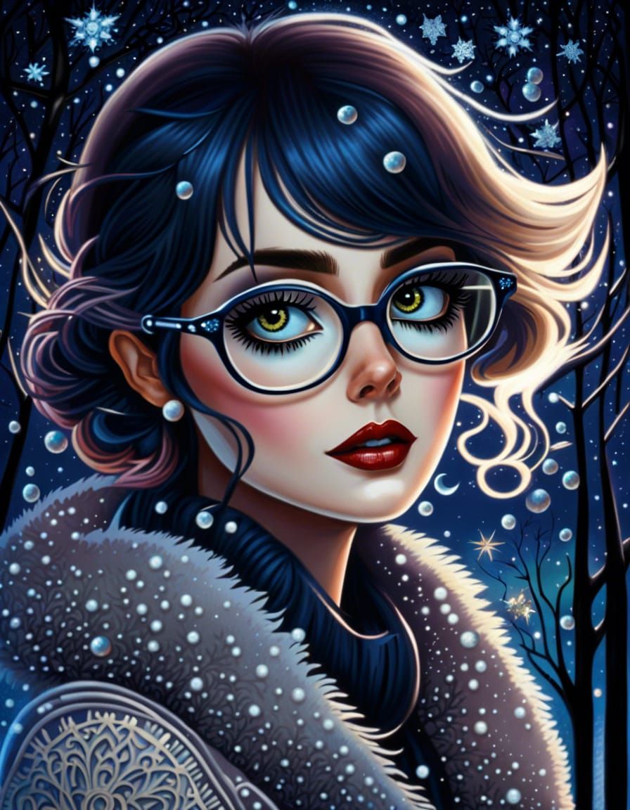 Gothic Woman in Frozen Forest, Tim Burton Style