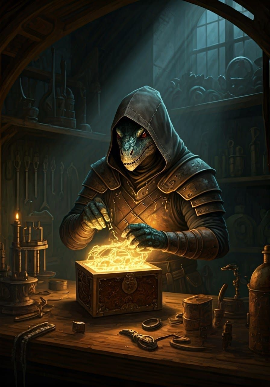 Lizardfolk Artificer Works Magic in Dark Workshop