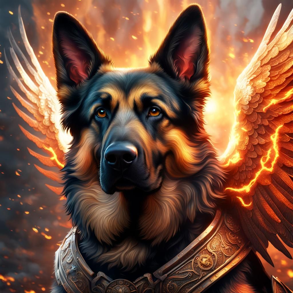 Fiery Winged German Shepherd Dog: Fantasy Concept Art