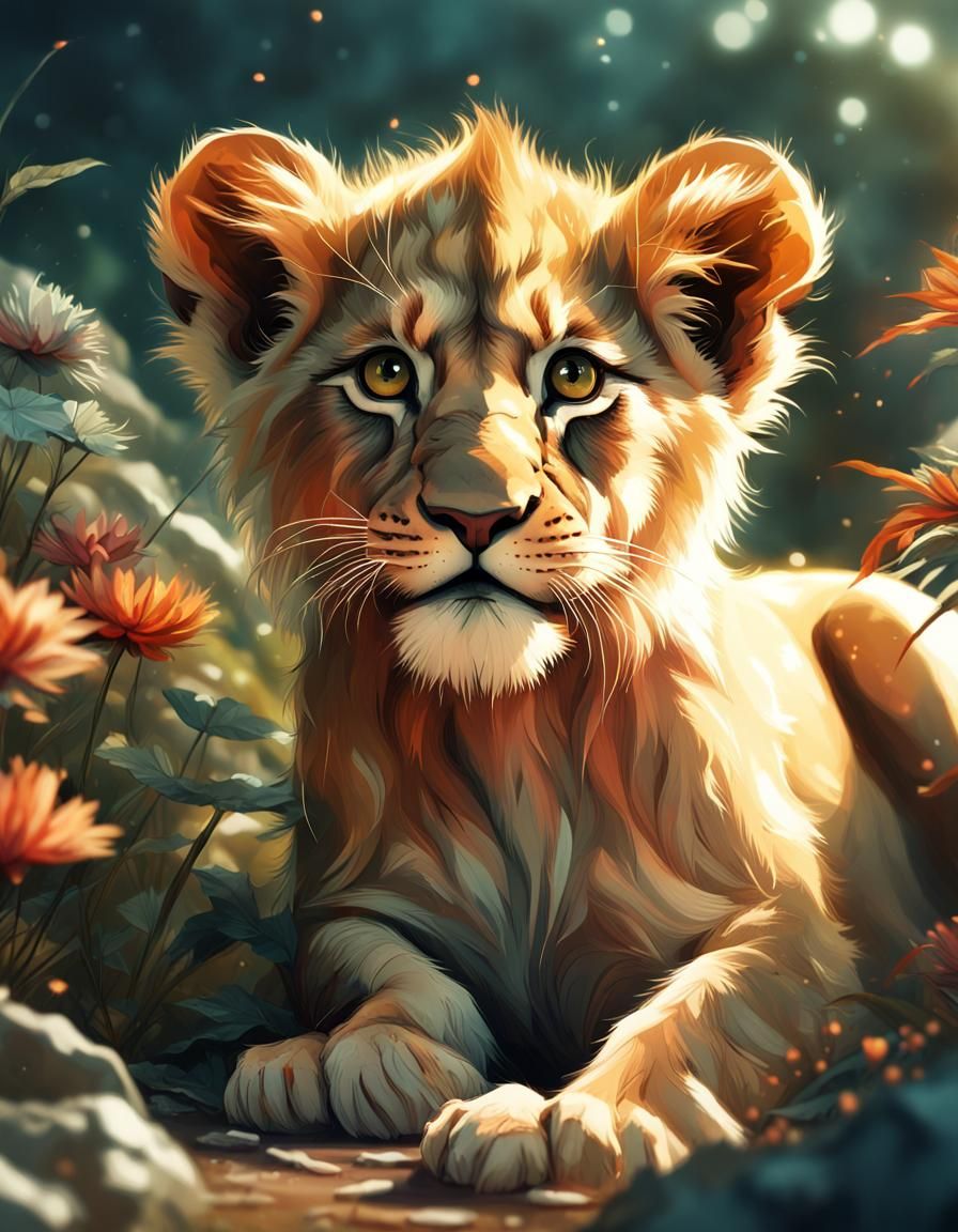 Colorful Baby Lion Cub in Detailed Fantasy Art