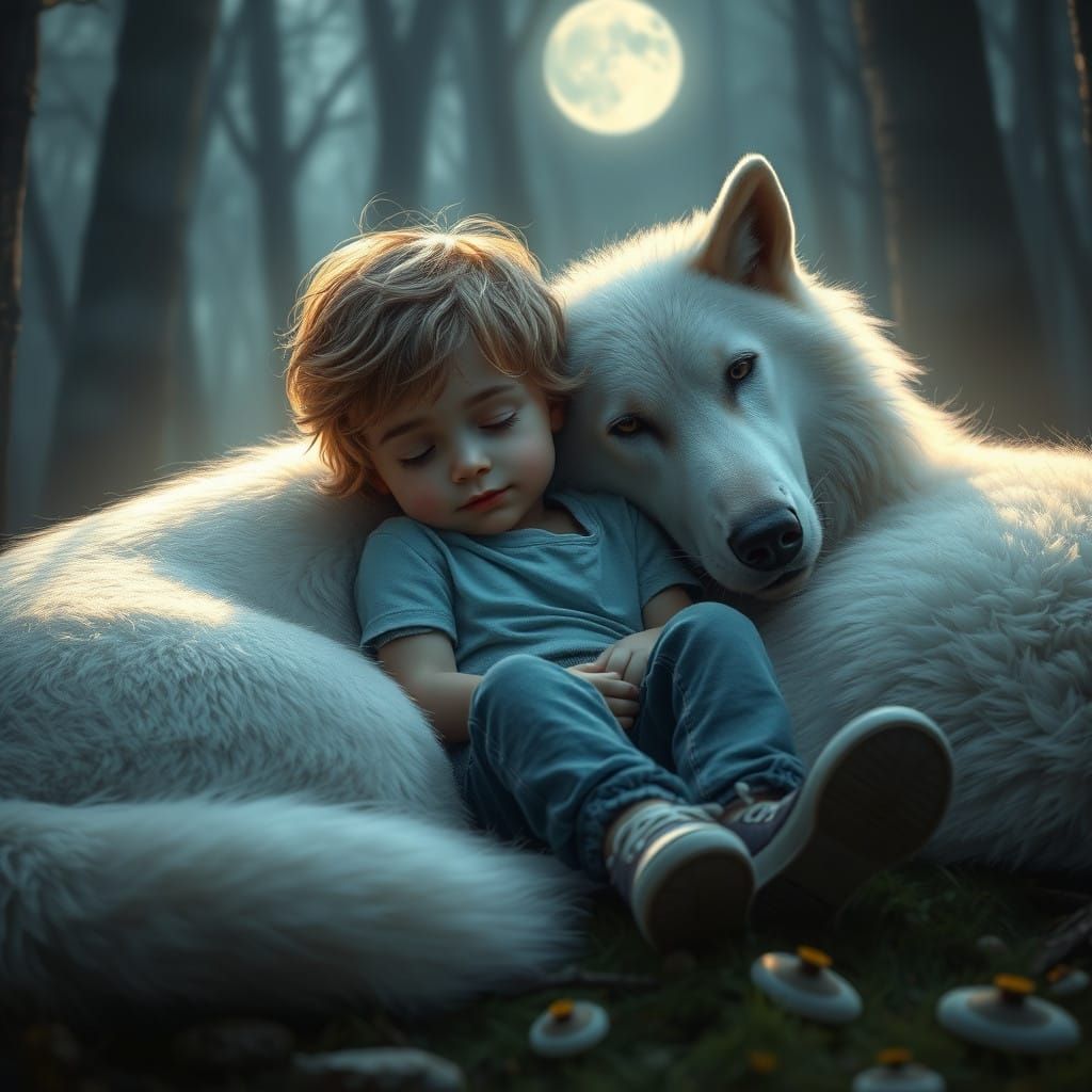 Moonlit Serenity with a Sleeping Boy and Nurturing White Wol...