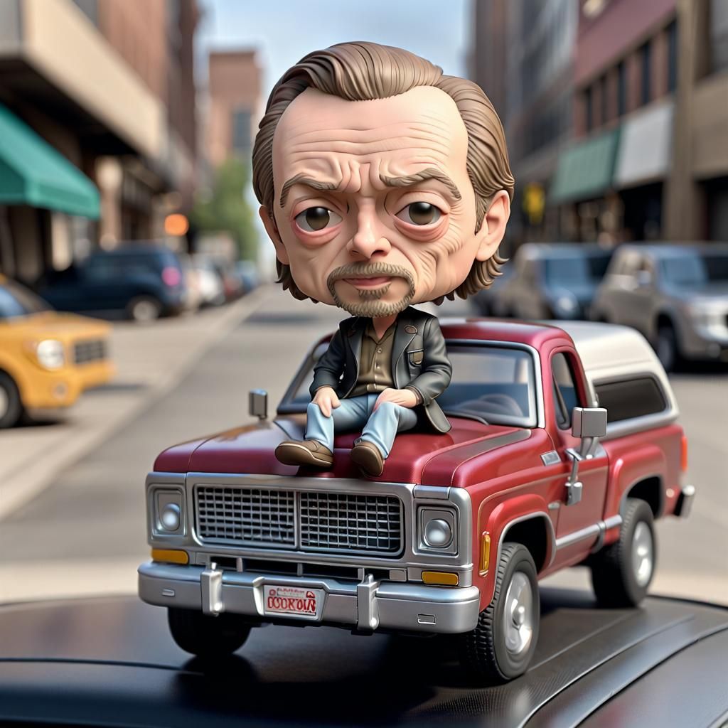 Rockstar Bobblehead on Truck Dashboard: Funko Pop Art
