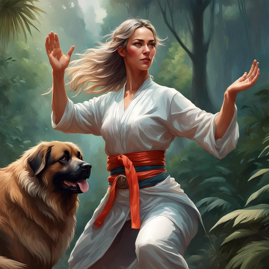 A beautiful woman training Tai chi in the jungle, a leonberger standing next to her.
