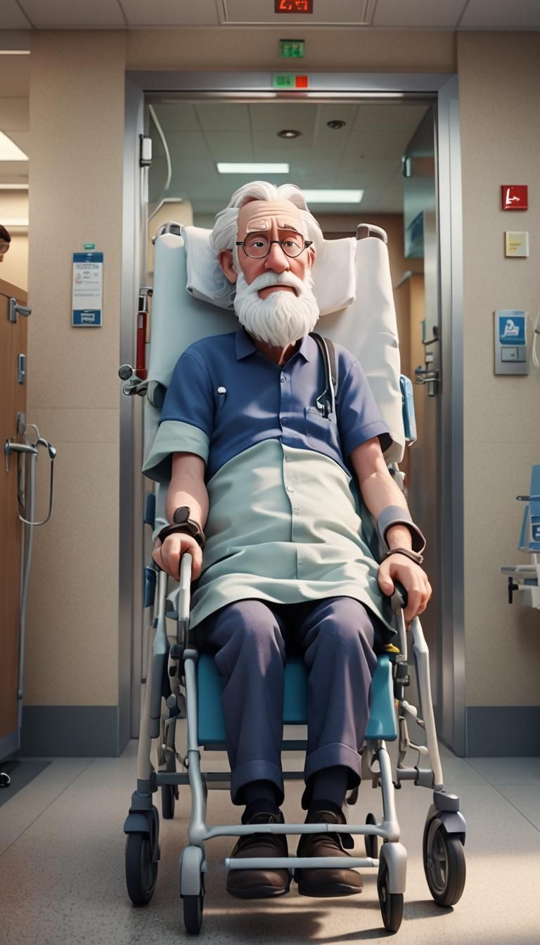 Pixar Style Old Man on Emergency Stretcher