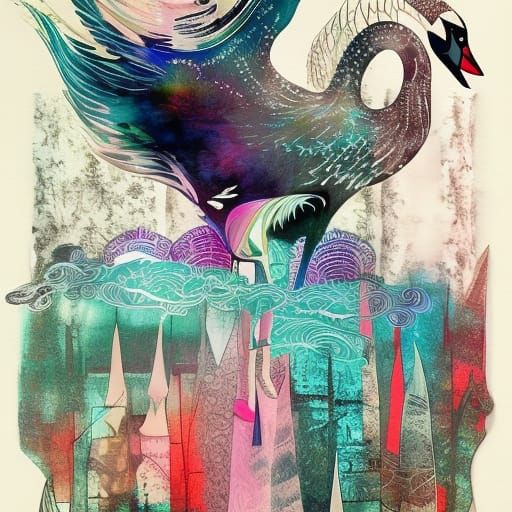Swan Lake: Enchanting Collage in Deep, Fantastical Colors