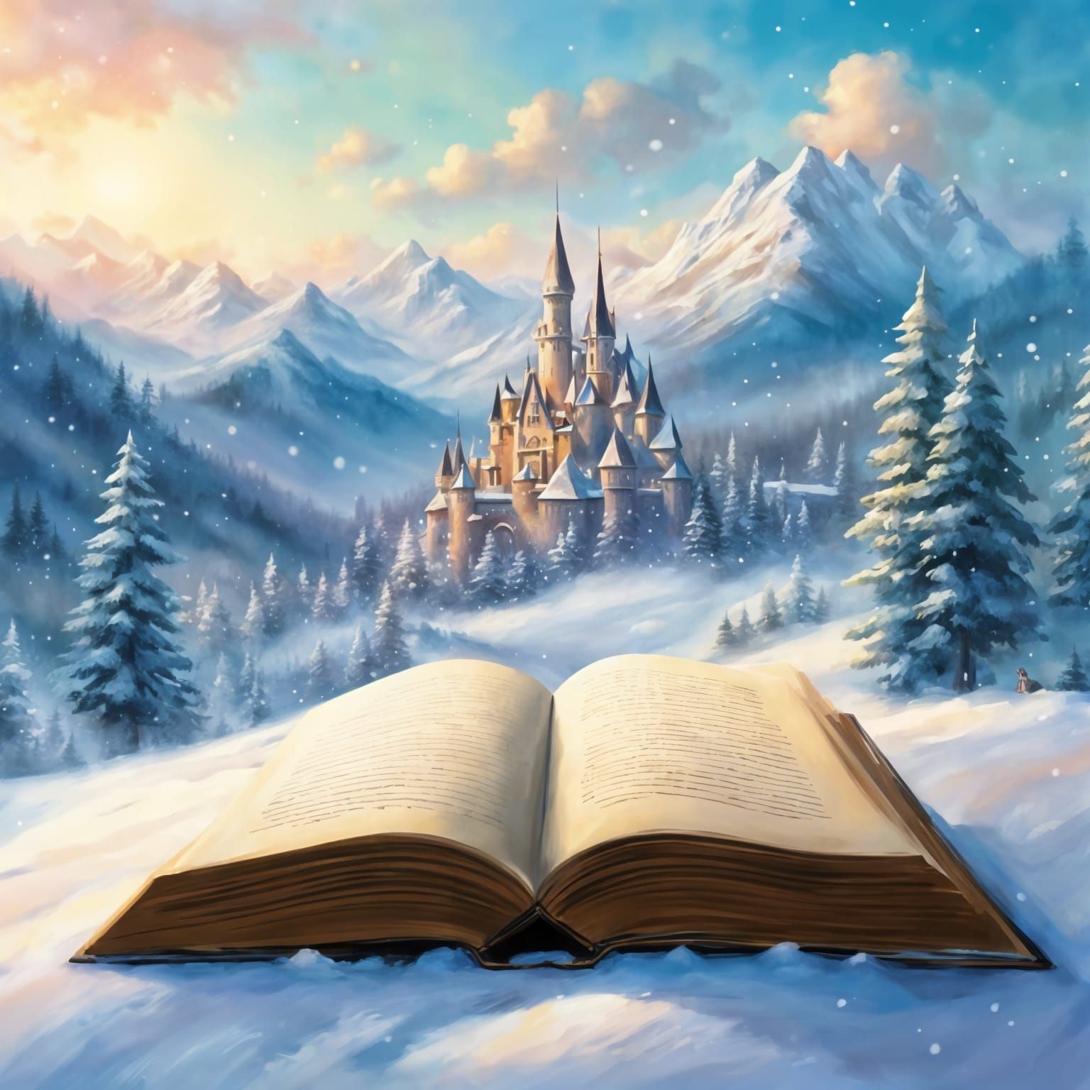 Snowy Castle Book in Kinkade-Style Meadow