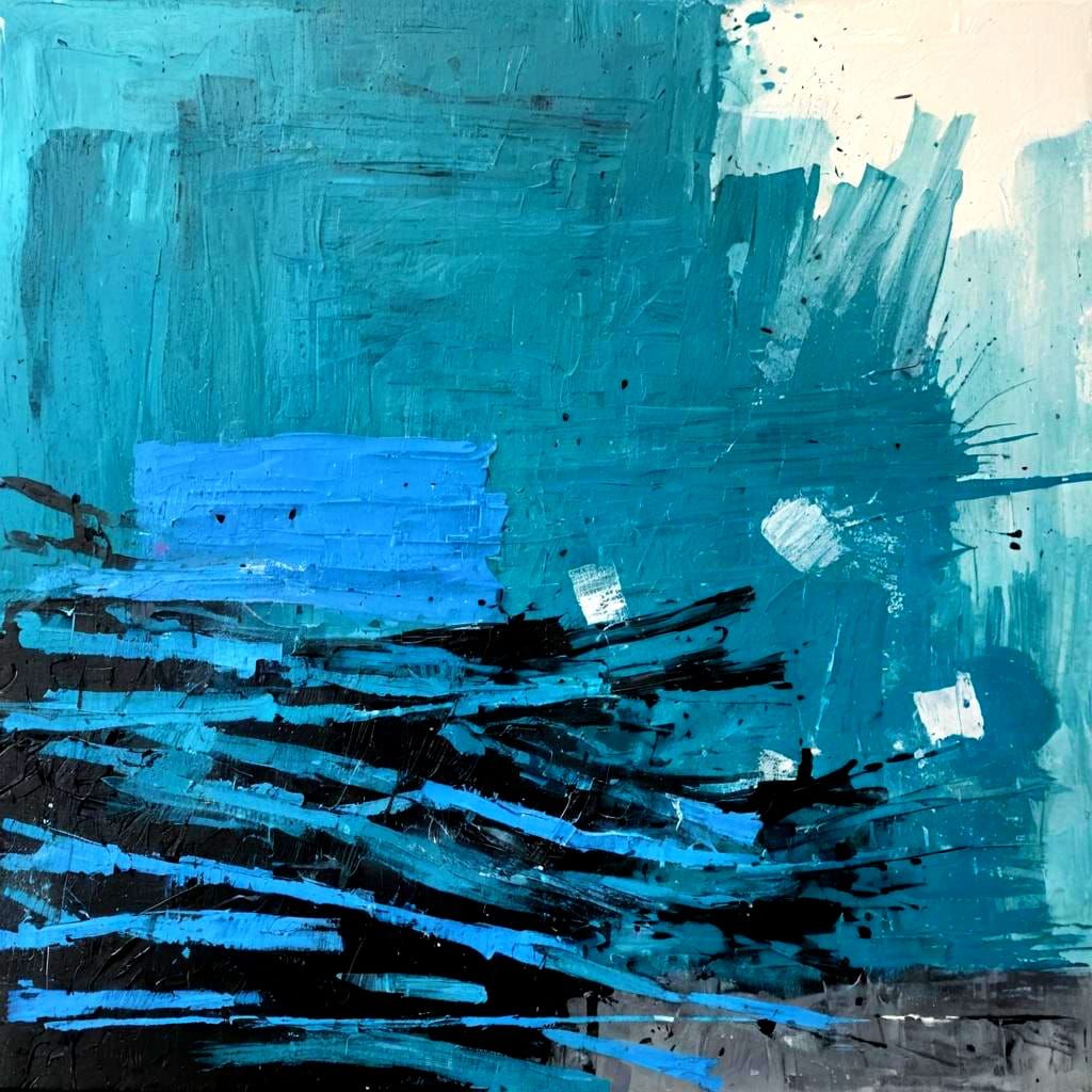 Abstract Painting in Teal, Blue, Black and White