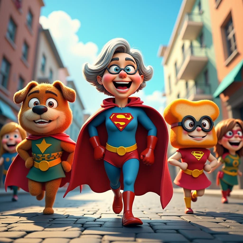 Cartoon Superhero Team Assembled in Cityscape