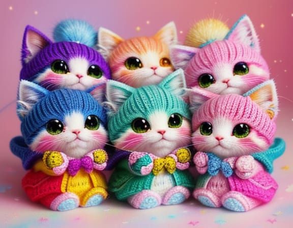 Vibrant Oil Painting of Cute Kittens in Hats on Sparkly Shoe...