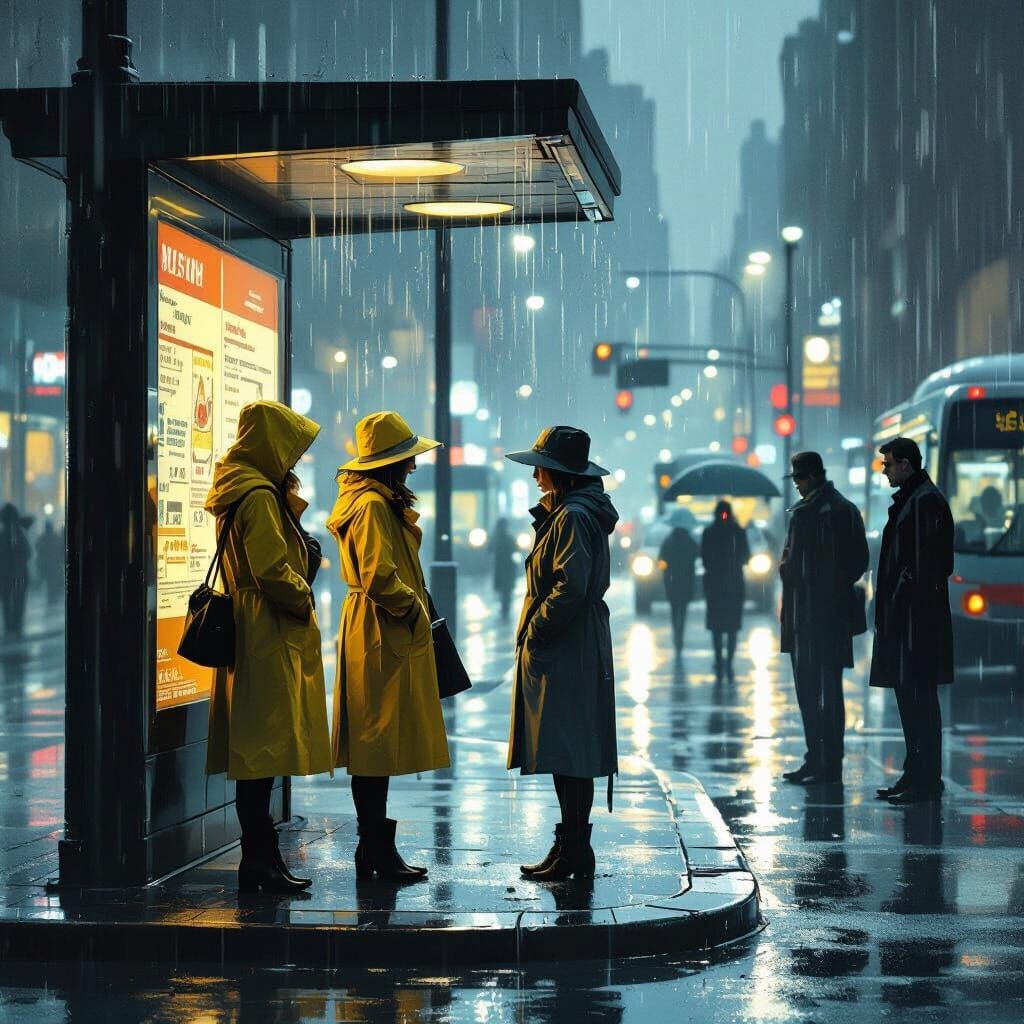 Noir Bus Stop Scene in Rainy Weather