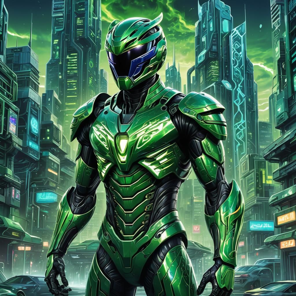 Green Power Ranger in Cyberpunk Anime Style