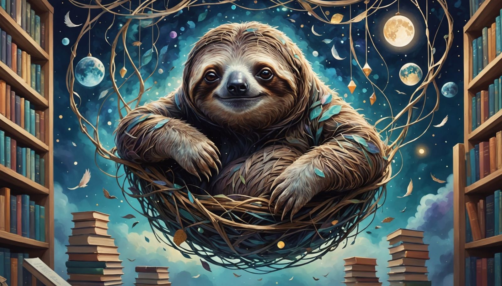 Galactic Sloth in Ethereal Cloud Library Dreamscape
