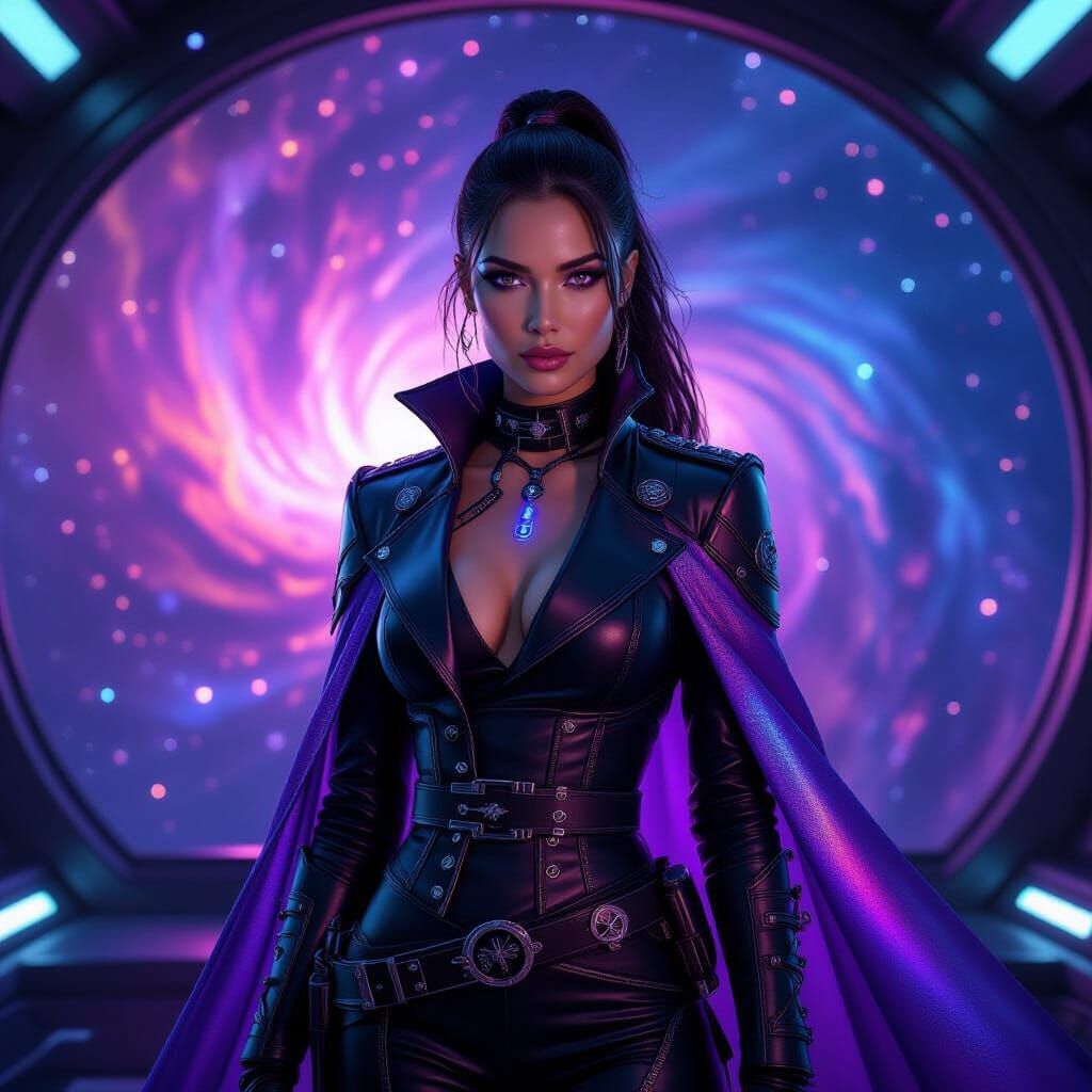 Space Pirate Woman in Nebula, Cybernetic & Giger-Inspired Ar...