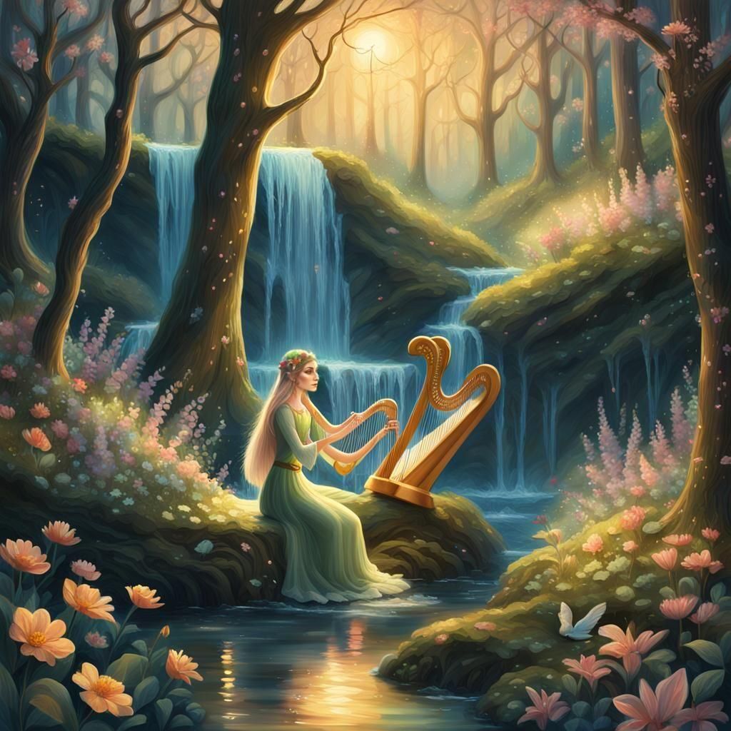 Elven Harpist in Forest Glade