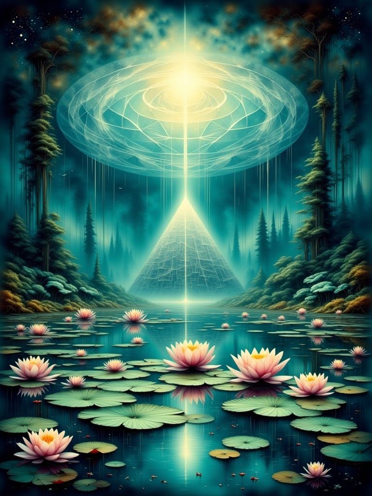 Underwater Pyramid with Sky Lake in Watercolor Style