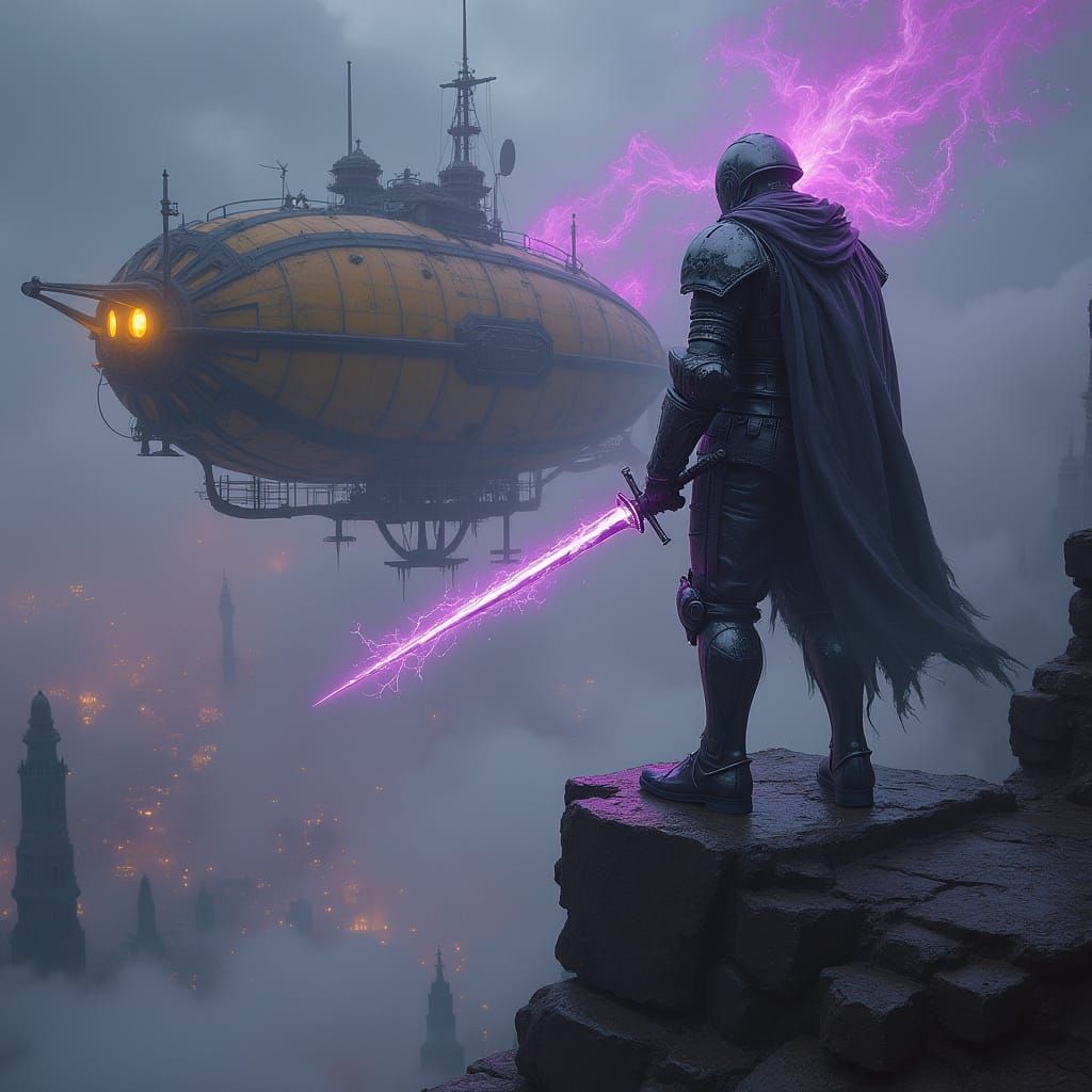 Ethereal Knight Soars Above Cyberpunk Metropolis