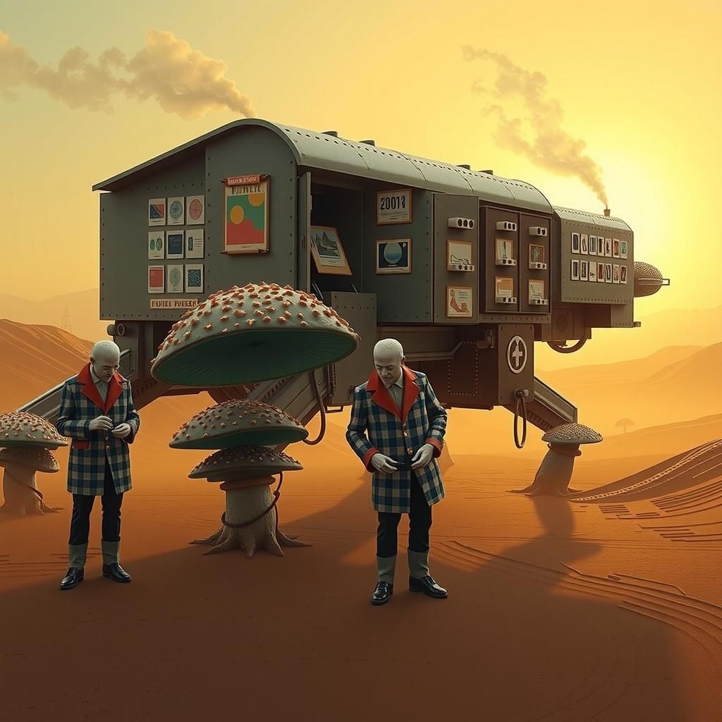 Porcelain Bureaucrats Count Mushrooms in Dystopian Landscape