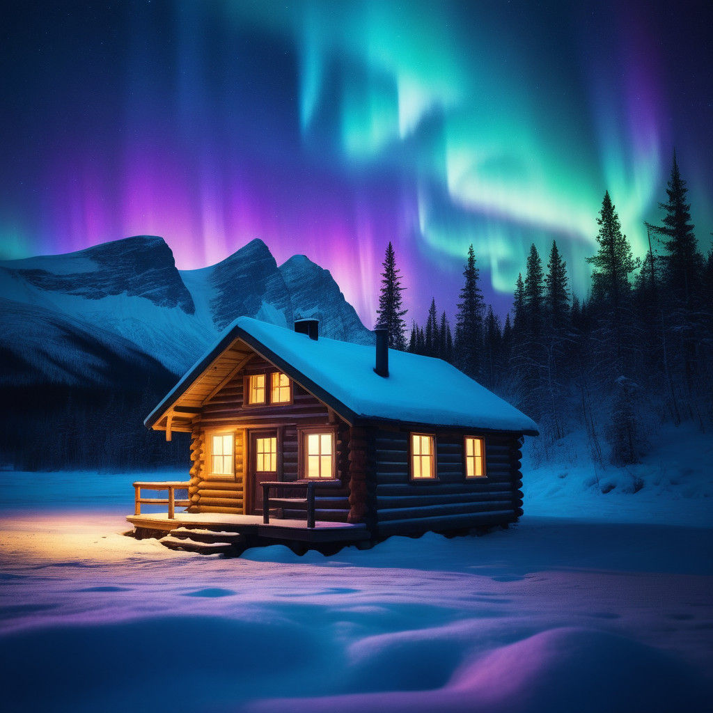 Ethereal Woodland Cabin Under Vibrant Aurora Borealis